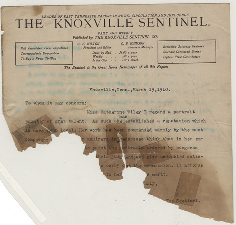 Letter from the Knoxville Sentinel, March 19, 1910 Miniaturansicht
