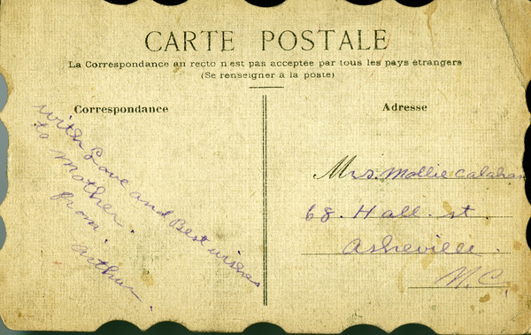 Postcard, Arthur Calahan to Mrs. Mollie Calahan in Asheville, N.C., no date Miniaturansicht