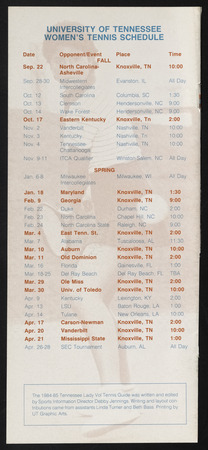 Lady Volunteers tennis media guide, 1984-1985 Miniature