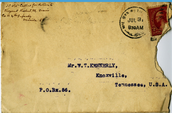 Letter, Sergeant Travis in the Philippines to Travis Kennerly in Knoxville, Tenn., 1900 July 1 Miniature