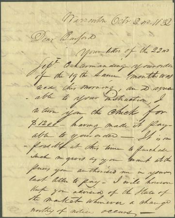 Letter, J. M. Saunders in Warrenton, Va., to Maj. David Burford in Dixon Springs, Tenn., 1832 Oct. 02 Miniature
