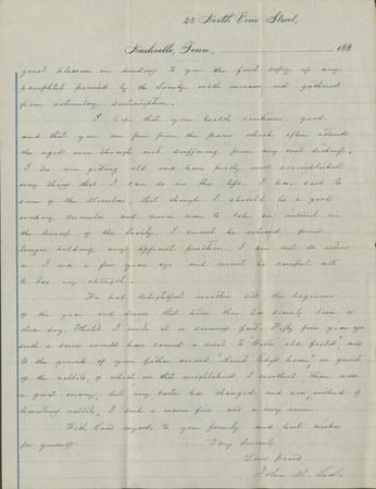 Letter, John M. Lea in Nashville, Tenn., to M.B.C. Ramsey in Knoxville, Tenn. 1886 Feb. 2 Thumbnail