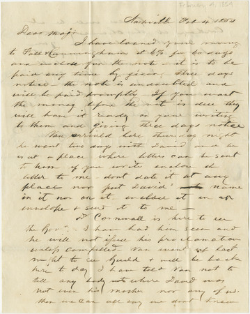 Letter, Jo. W. Allen in Nashville, Tenn. to David Burford in Smith County, Tenn., 1854 Feb. 04 Miniature