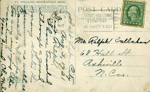 Postcard, Oha Maks to Mr. Ralph Calahan in Asheville, N.C., 1921 Aug. 03 Miniaturansicht