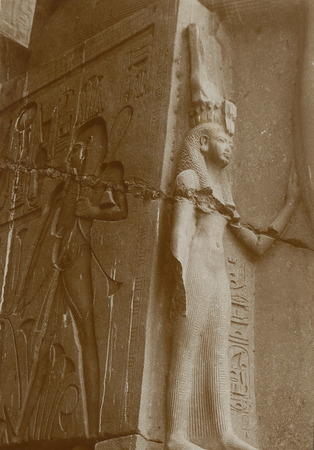 Statue of Queen Nefertari Touching Leg of Husband Rameses II, Two Nile Gods Bending sma-sign (`union`), left miniatura