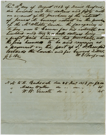 Receipt, W. G. Burford to David Burford, 1853 August 13 Miniature